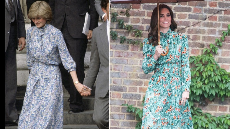 Photos côte à côte de la princesse Diana et Kate Middleton dans des robes à col haut avec des micro-motifs floraux