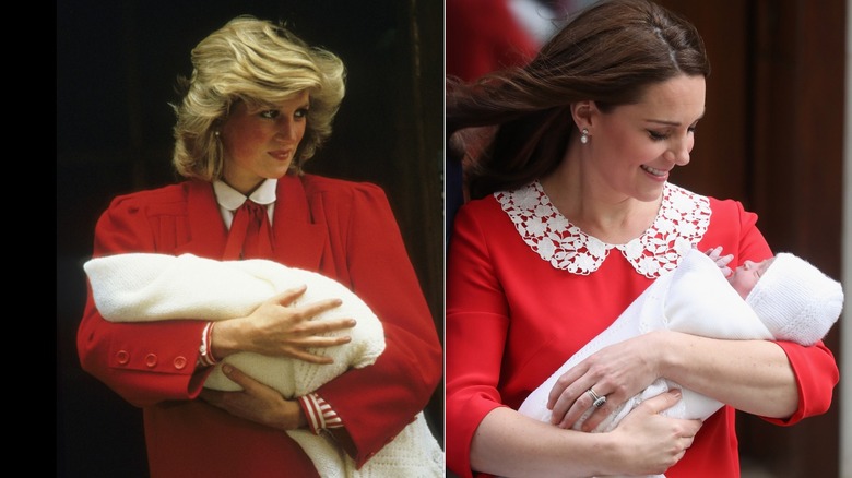 Des photos côte à côte de la princesse Diana et Kate Middleton tenant leurs nouveau-nés, vêtus de rouge