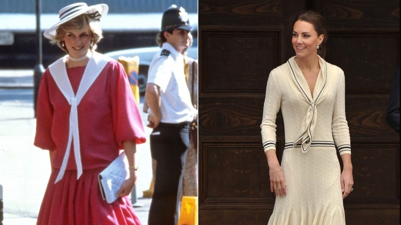 Photos côte à côte de la princesse Diana, portant une chemise et une jupe nautique rouge, et Kate Middleton, dans un pull nautique à la crème et une jupe