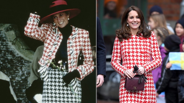 Photos côte à côte de la princesse Diana et Kate Middleton portant des tenues à motifs de chasse