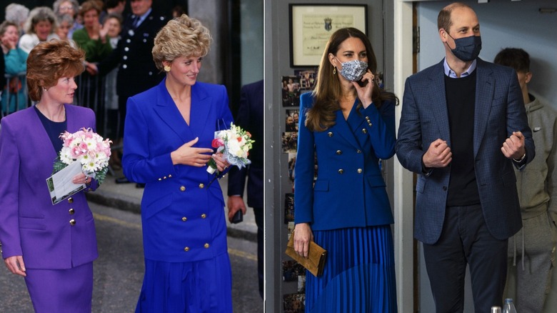 Photos côte à côte de la princesse Diana et Kate Middleton, chacune portant une jupe bleue en cobalt et une veste à six boutons