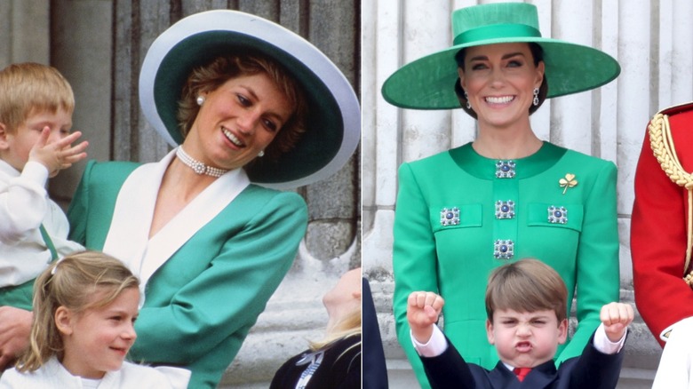 Photos côte à côte de la princesse Diana et Kate Middleton portant Kelly Green à Troping the Color Events