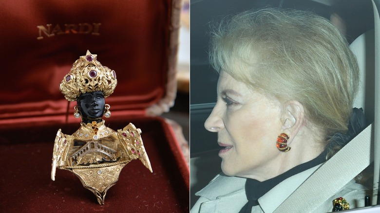 Gauche: un gros plan de la broche controversée de Mootto; À droite:: la princesse Michael de Kent dans la voiture s'est dirigée vers le palais de Buckingham pour le dîner de Noël pour une famille élargie