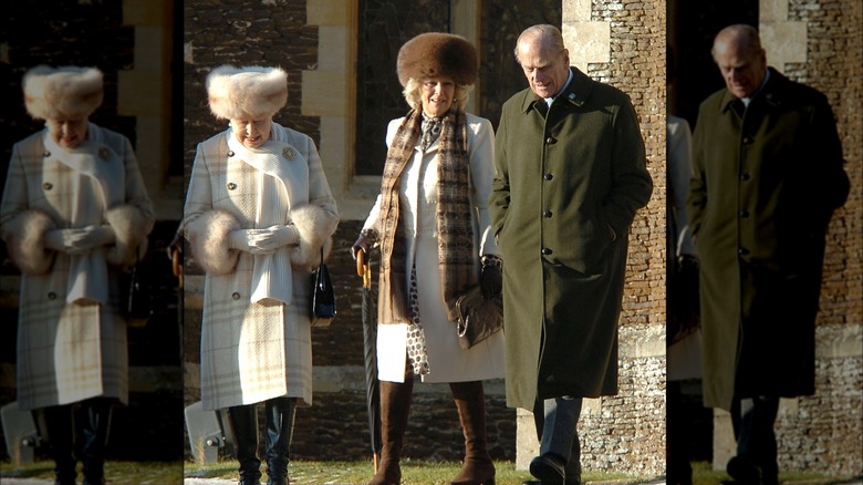 Feu la reine Elizabeth, Duchesse Camilla de Cornwall et feu le roi Phillip sortant de l'église de Sardingham