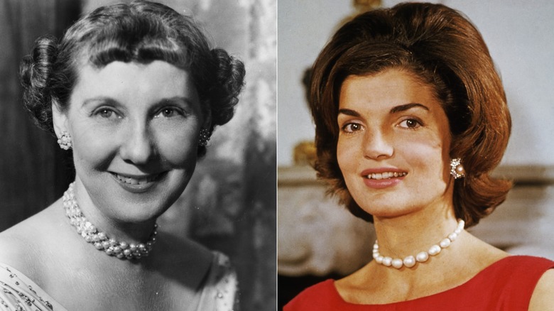 Un portrait noir et blanc de Mamie Eisenhower aux côtés d'un portrait de Jackie Kennedy
