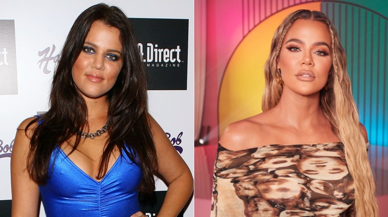 Khloe Kardashian dans une robe bleue et plus tard, dans une robe brune avec des cheveux blonds