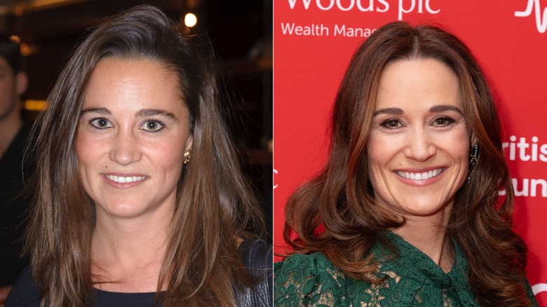 Pippa Middleton en noir et plus tard, Pippa Middleton en vert souriant à la caméra