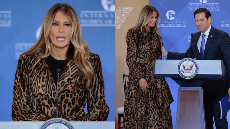 Melania Trump dans un long manteau imprimé léopard lors d'une cérémonie de remise de prix