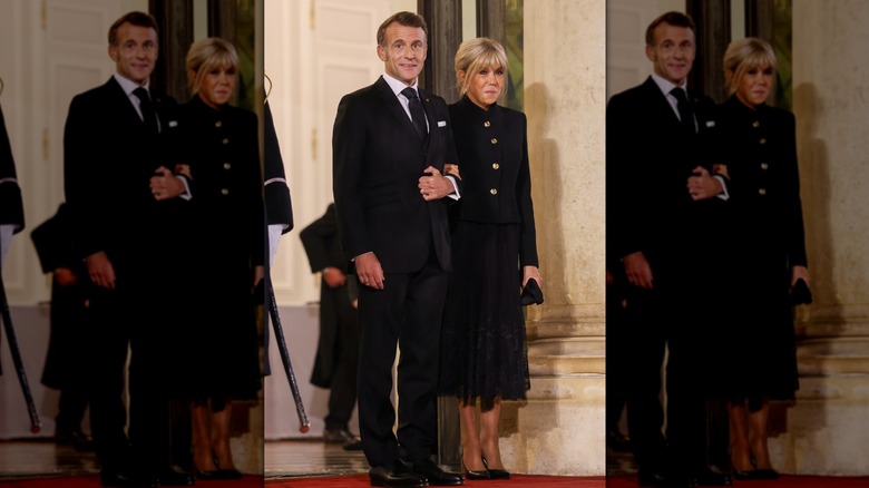 Le président français Emmanuel Macron et la Première dame Brigitte Macron sont vus au dîner de l'Elysée dans le cadre du Forum de Paris sur la paix à l'Elysée le 29 octobre 2025.