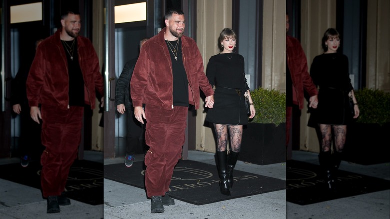 Une photo paparazzi de Taylor Swift marchant avec Travis Kelce