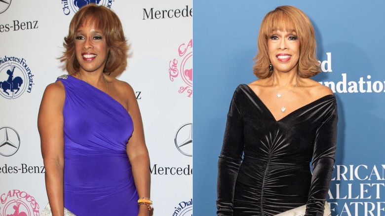 Gayle King en robe violette de 2012 et encore en robe noire en 2025