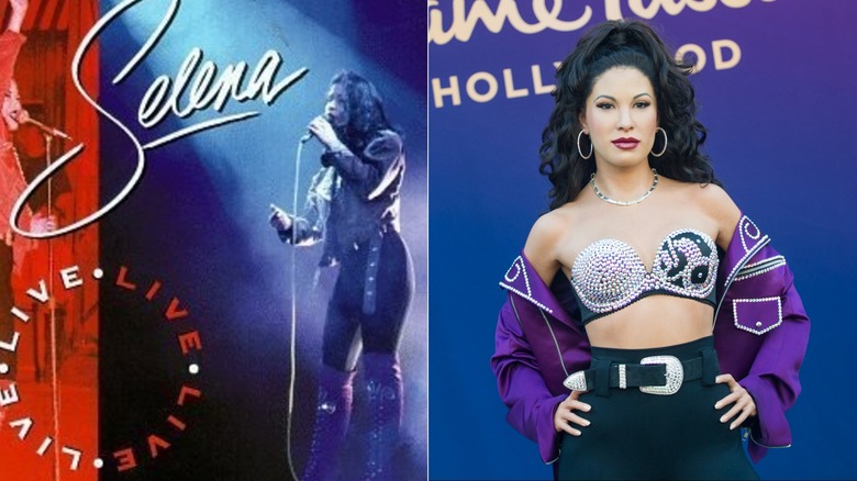 Image fractionnée de l'album de Selena "En direct!" et la figure de cire Madame Tussauds du défunt chanteur, toutes deux arborant un look violet emblématique