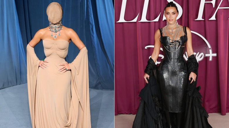 Kim Kardashian lors de deux événements sur le tapis rouge en 2025, l'un avec le visage couvert et l'autre portant plusieurs chaînes