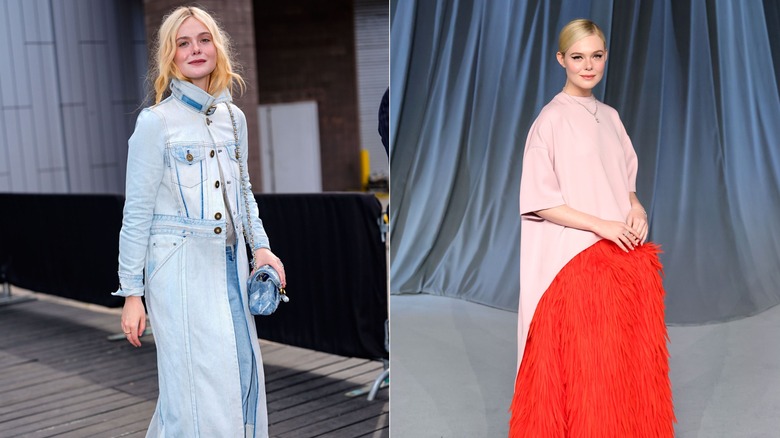 Elle Fanning à deux événements différents, l'un en veste en jean et l'autre en jupe rouge