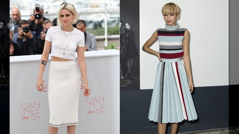 Kristen Stewart et Zendaya portant des jupes midi en 2016, photos côte à côte