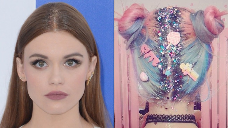 Holland Roden avec des paillettes subtiles dans ses cheveux à côté d'une photo de racines spectaculaires à paillettes