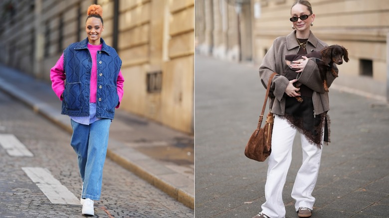 Les influenceurs de style se font prendre en photo tous les deux portant un jean droit