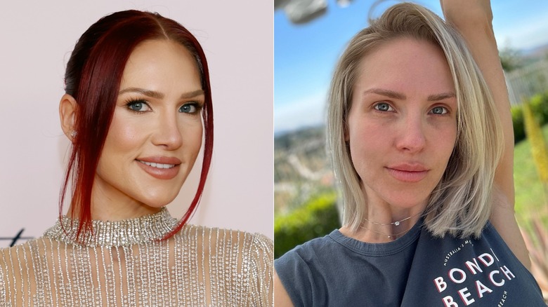 À gauche : Sharna Burgess maquillée ; À droite : Sharna Burgess sans maquillage