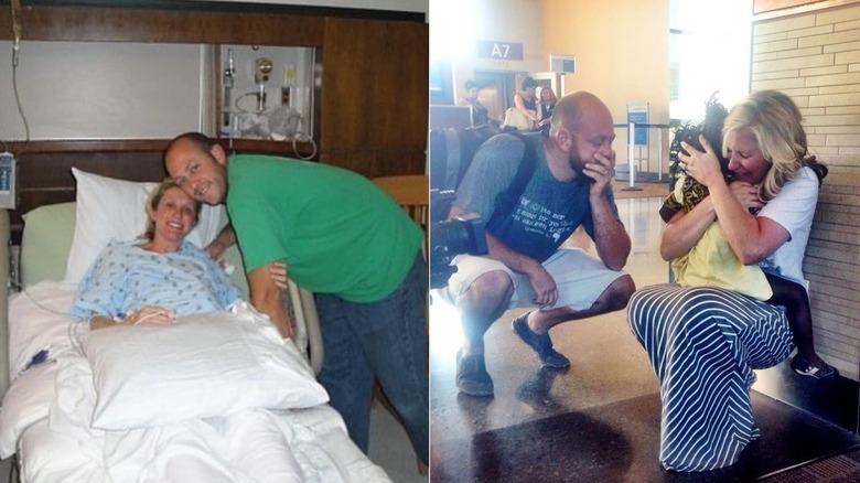 À gauche : Jenny Marrs dans un lit d'hôpital posant avec son mari ; À droite : le couple accueillant leur fille adoptive à la maison