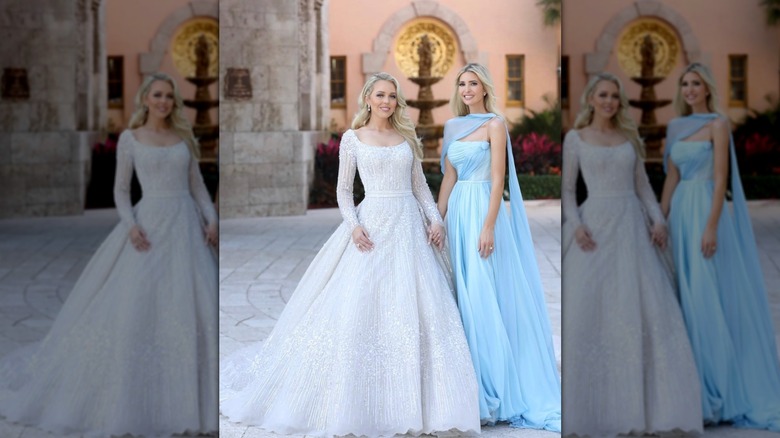 Tiffany Trump en robe de mariée debout à côté d'Ivanka Trump en robe bleue
