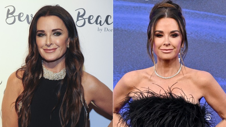 À gauche : la personnalité et actrice de la télévision Kyle Richards assiste à l'événement d'avant-première Dorit Kemsley Hosts For Beverly Beach By Dorit au Trunk Club le 21 octobre 2017 / À droite : Kyle Richards assiste aux People's Choice Awards 2022 au Barker Hangar le 6 décembre 2022