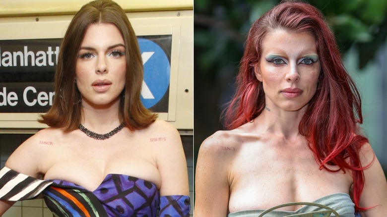 G : Julia Fox assiste au premier rang du défilé Moschino Prefall 2020 au New York Transit Museum le 9 décembre 2019, Californie/ R : Julia Fox assiste au défilé Diesel en 2023