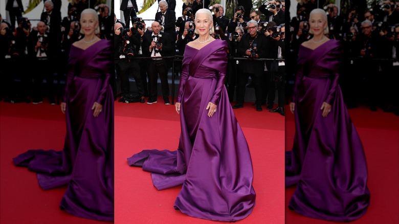 Helen Mirren sur le tapis rouge dans une robe violette