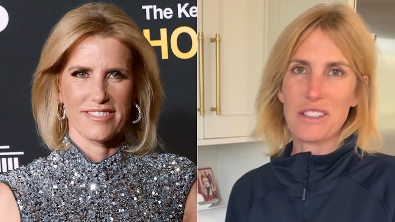 À gauche : Laura Ingraham dans une tenue à paillettes et entièrement maquillée sur le tapis rouge ; À droite : Laura Ingraham à la maison, vêtue d'une veste de sport noire et sans maquillage