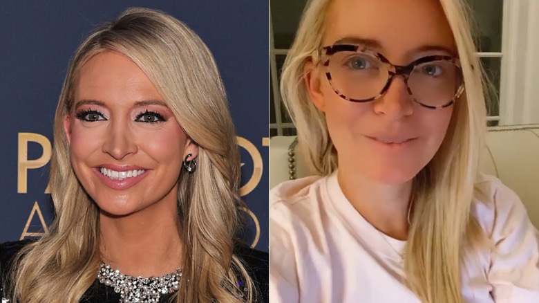 À gauche : Kayleigh McEnany avec des yeux très maquillés et des lèvres brillantes ; À droite : Kayleigh McEnany à la maison, avec des lunettes et sans maquillage