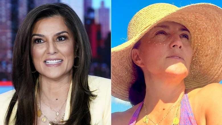À gauche : Rachel Campos-Duffy affichant des cils onyx audacieux et des tresses volumineuses ; À droite : Rachel Campos-Duffy, à la peau propre et claire, portant un chapeau de paille
