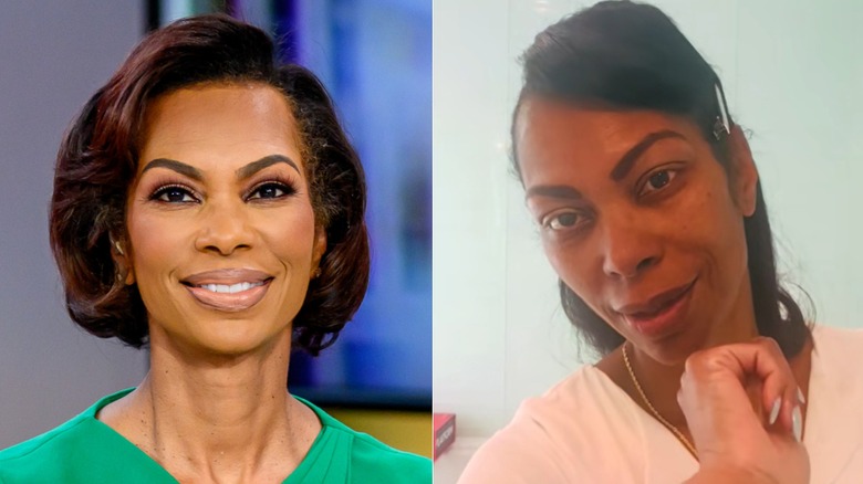 À gauche : Harris Faulkner en eye-liner et cils foncés ; À droite : Harris Faulkner à la maison, pas maquillé