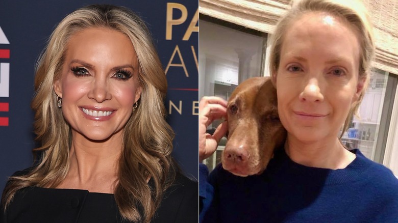 À gauche : Dana Perino avec de grands cils spectaculaires et ses cheveux coiffés en vagues fluides ; À droite : Dana Perino câlinant son chien, sans maquillage, les cheveux tirés en arrière