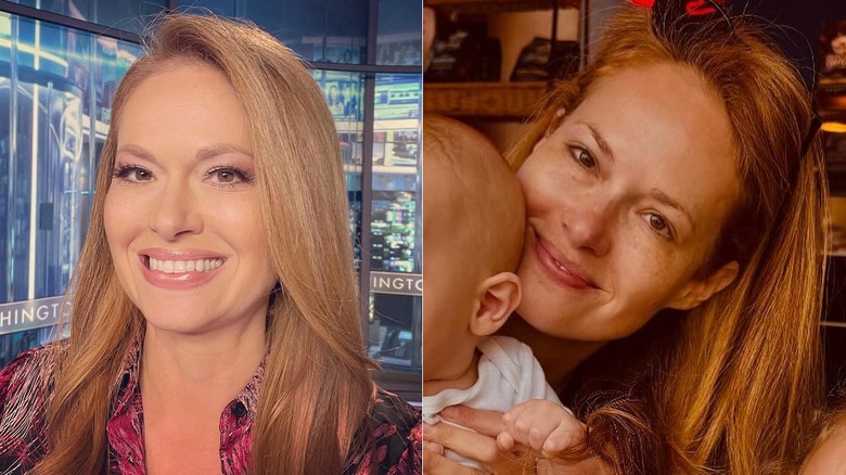 À gauche : Gillian Turner dans la salle de rédaction, vêtue d'un chemisier imprimé et maquillée de couleur rose ; À droite : Gillian Turner tenant son bébé à la maison, avec une peau claire et sans maquillage