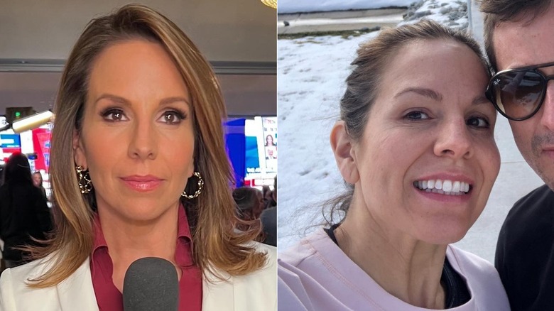 À gauche : Alicia Acuna dans un blazer blanc, portant de la poudre bronzante, du mascara et du rouge à lèvres rose ; À droite : Alicia Acuna sans maquillage, à côté d'un homme aux lunettes de soleil