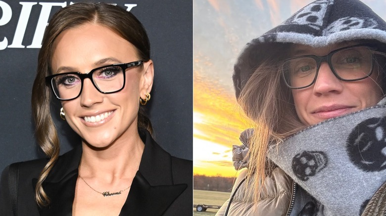 À gauche : Katherine Timpf montrant des cils foncés sous ses montures noires, portant un rouge à lèvres beige brillant ; À droite : Katherine Timpf avec un visage sans maquillage, portant un sweat à capuche imprimé tête de mort