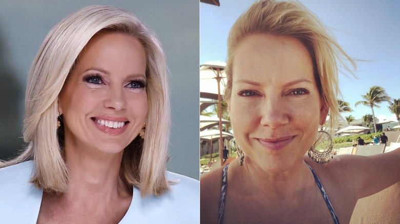 À gauche : Shannon Bream avec des cils foncés et un brillant à lèvres rose ; À droite : Shannon Bream en maillot de bain, les cheveux tirés en arrière et sans maquillage