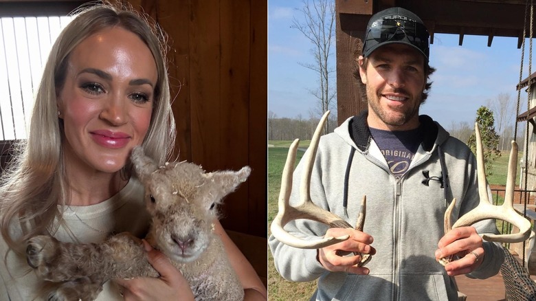 Carrie Underwood posant avec un agneau et Mike Fisher posant avec des bois, photos côte à côte