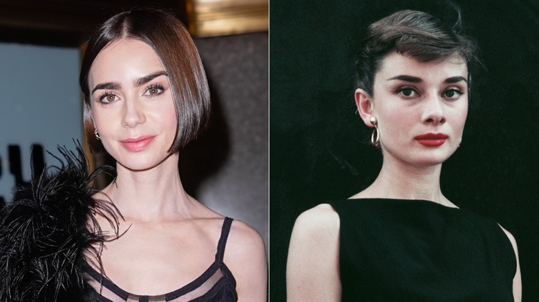 Lily Collins en robe noire et Audrey Hepburn en robe noire