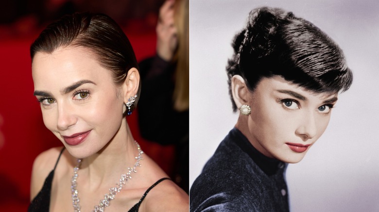 Lily Collins dans une robe noire avec ses cheveux lissés en arrière et Audrey Hepburn dans une coupe courte