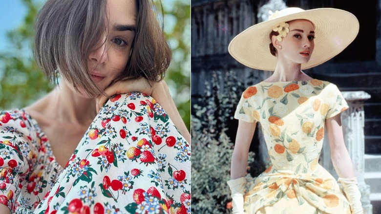 Lily Collins en robe fruit prenant un selfie et Audrey Hepburn en robe fruit avec un large chapeau