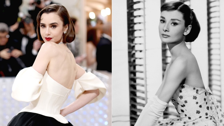 Lily Collins dans une robe bustier blanche et Audrey Hepburn dans une robe bustier