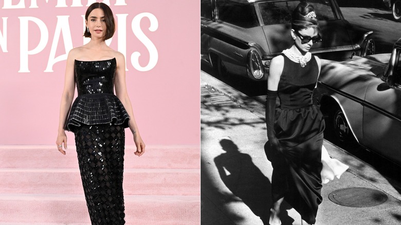 Lily Collins en longue robe noire et Audrey Hepburn en longue robe noire sur le tournage de 