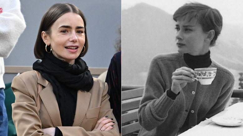 Lily Collins en blazer et écharpe et Audrey Hepburn en pull et col roulé buvant du thé