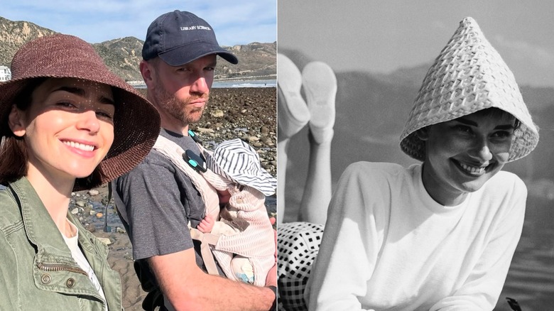 Lily Collins prend un selfie avec son mari et son enfant tout en portant un chapeau marron tandis qu'Audrey Hepburn porte un chapeau de soleil sur un bateau en Suisse