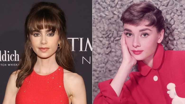 Lily Collins en robe rouge et Audrey Hepburn en veste rouge