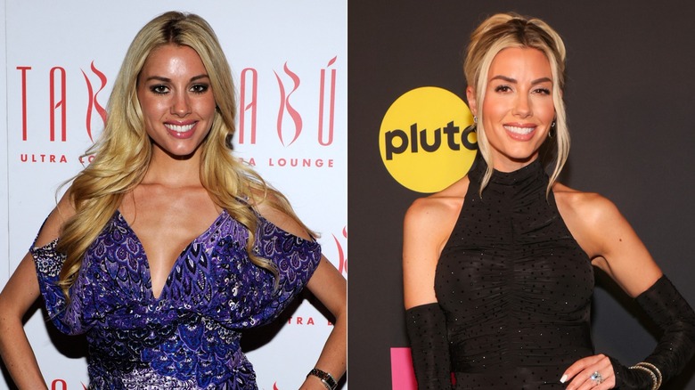 À gauche : Heather Rae El Moussa dans une robe violette en 2010 ; À droite : Heather Rae El Moussa dans une robe dos nu noire en 2025