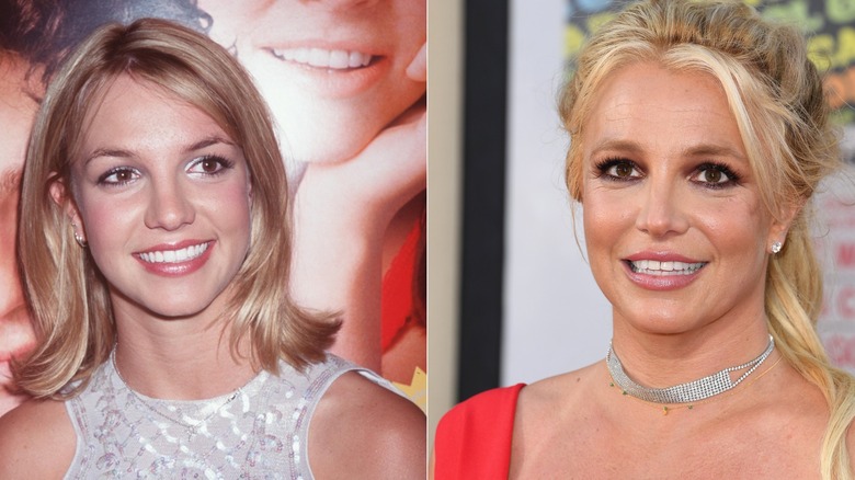 Image côte à côte de Britney Spears souriant dans le passé et le présent