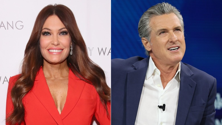 Photos côte à côte de Kimberly Guilfoyle, vêtue d'une veste rouge, souriante sur le tapis rouge, et de Gavin Newsom, levant les yeux, en blazer bleu marine et chemise à col blanc