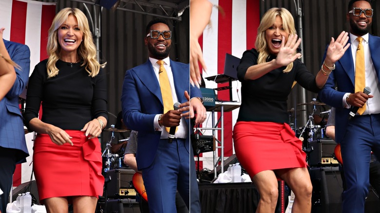Ainsley Earhardt, Lawrence Jones et Carley Shimkus apparaissent sur scène alors que Flo Rida se produit à la série de concerts d'été Fox & Friends aux studios Fox News le 28 juillet 2023.