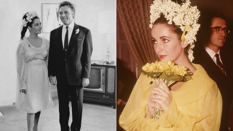 Image partagée d'Elizabeth Taylor portant une robe babydoll jaune pour son mariage avec Richard Burton